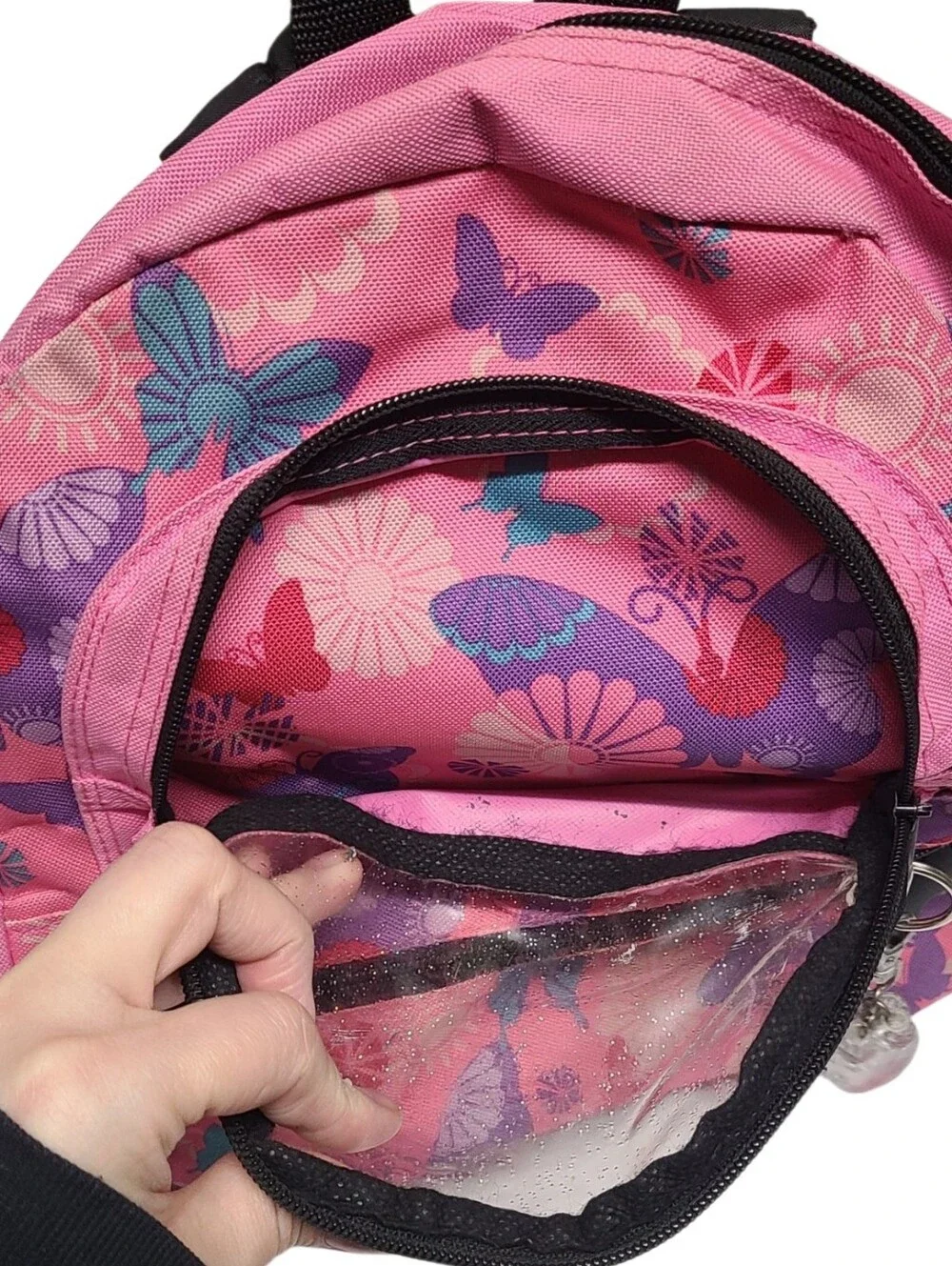 Girls Pink Butterfly Backpack Kids School Bag with Heart Charm & Clear Pocket
